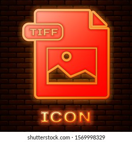 Glowing neon TIFF file document. Download tiff button icon isolated on brick wall background. TIFF file symbol.  Vector Illustration