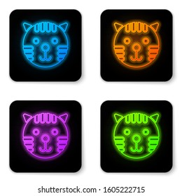 Glowing neon Tiger zodiac sign icon isolated on white background. Astrological horoscope collection. Black square button. Vector Illustration