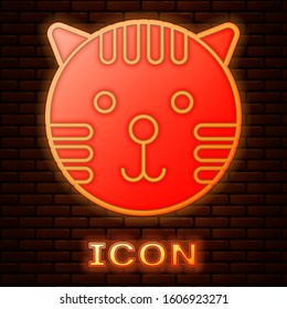 Glowing neon Tiger zodiac sign icon isolated on brick wall background. Astrological horoscope collection.  Vector Illustration