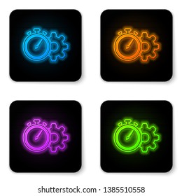 Glowing neon Time Management icon isolated on white background. Clock and gear sign. Productivity symbol. Black square button. Vector Illustration