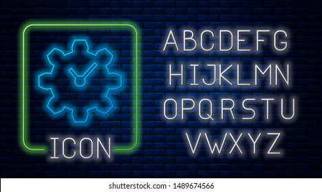 Glowing neon Time Management icon isolated on brick wall background. Clock and gear sign. Productivity symbol. Neon light alphabet. Vector Illustration