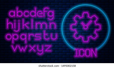 Glowing neon Time Management icon isolated on brick wall background. Clock and gear sign. Productivity symbol. Neon light alphabet. Vector Illustration