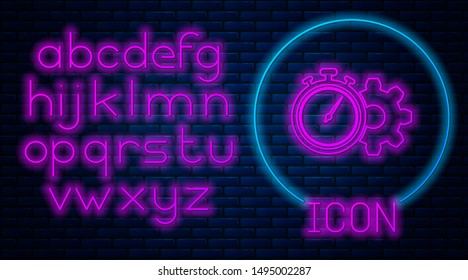 Glowing neon Time Management icon isolated on brick wall background. Clock and gear sign. Productivity symbol. Neon light alphabet. Vector Illustration