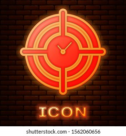Glowing neon Time Management icon isolated on brick wall background. Clock and gear sign. Productivity symbol.  Vector Illustration