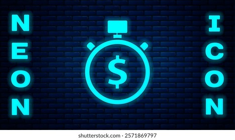 Glowing neon Time is money icon isolated on brick wall background. Money is time. Effective time management. Convert time to money. Stopwatch.  Vector Illustration