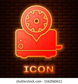 Glowing neon Toaster and gear icon isolated on brick wall background. Adjusting app, service concept, setting options, maintenance, repair, fixing.  Vector Illustration