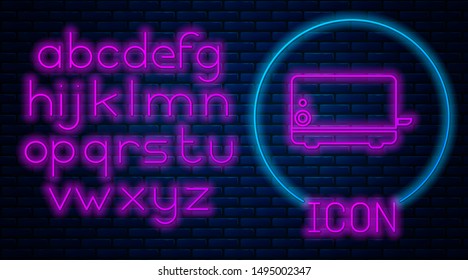 Glowing neon Toaster icon isolated on brick wall background. Neon light alphabet. Vector Illustration