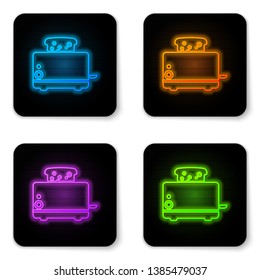 Glowing neon Toaster with toasts icon isolated on white background. Black square button. Vector Illustration