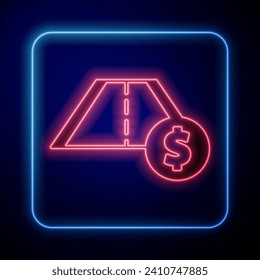 Glowing neon Toll road traffic sign. Signpost icon isolated on black background. Pointer symbol. Street information sign. Direction sign.  Vector