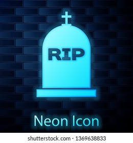 Glowing neon Tombstone with RIP written on it icon isolated on brick wall background. Grave icon. Vector Illustration