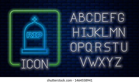 Glowing neon Tombstone with RIP written on it icon isolated on brick wall background. Grave icon. Neon light alphabet. Vector Illustration