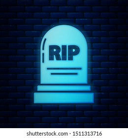 Glowing neon Tombstone with RIP written on it icon isolated on brick wall background. Grave icon.  Vector Illustration