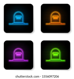 Glowing neon Tombstone with RIP written on it icon isolated on white background. Grave icon. Black square button. Vector Illustration