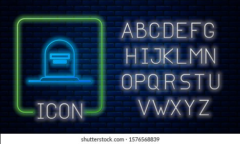 Glowing neon Tombstone with RIP written on it icon isolated on brick wall background. Grave icon. Neon light alphabet. Vector Illustration