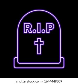 Glowing neon Tombstone with RIP written on it icon isolated on dark background. Grave icon. Vector Illustration