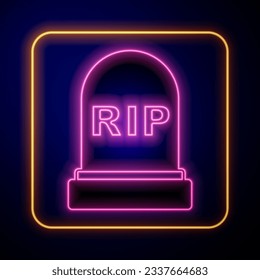 Glowing neon Tombstone with RIP written on it icon isolated on black background. Grave icon. Happy Halloween party.  Vector