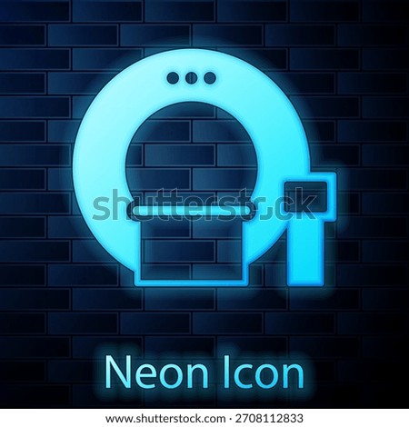 Glowing neon Tomography icon isolated on brick wall background. Medical scanner, radiation. Diagnosis, radiology, magnetic resonance therapy.  Vector Illustration