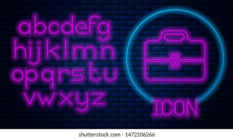 Glowing neon Toolbox icon isolated on brick wall background. Tool box sign. Neon light alphabet. Vector Illustration