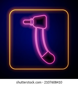 Glowing neon Tooth drill icon isolated on black background. Dental handpiece for drilling and grinding tools.  Vector