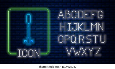 Glowing neon Torch flame icon isolated on brick wall background. Symbol fire hot, flame power, flaming and heat. Neon light alphabet. Vector Illustration