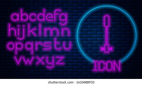 Glowing neon Torch flame icon isolated on brick wall background. Symbol fire hot, flame power, flaming and heat. Neon light alphabet. Vector Illustration