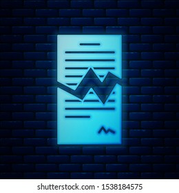 Glowing neon Torn contract icon isolated on brick wall background. File icon. Checklist icon. Business concept.  Vector Illustration