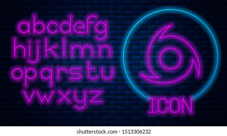 Glowing neon Tornado icon isolated on brick wall background. Cyclone, whirlwind, storm funnel, hurricane wind or twister weather icon. Neon light alphabet. Vector Illustration