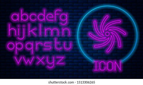 Glowing neon Tornado icon isolated on brick wall background. Cyclone, whirlwind, storm funnel, hurricane wind or twister weather icon. Neon light alphabet. Vector Illustration