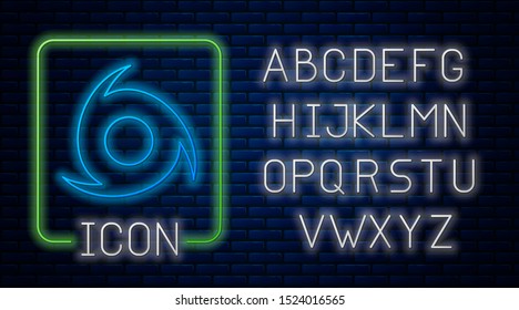 Glowing neon Tornado icon isolated on brick wall background. Cyclone, whirlwind, storm funnel, hurricane wind or twister weather icon. Neon light alphabet. Vector Illustration