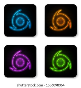Glowing neon Tornado icon isolated on white background. Cyclone, whirlwind, storm funnel, hurricane wind or twister weather icon. Black square button. Vector Illustration