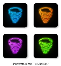 Glowing neon Tornado icon isolated on white background. Cyclone, whirlwind, storm funnel, hurricane wind or twister weather icon. Black square button. Vector Illustration