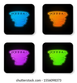 Glowing neon Tornado icon isolated on white background. Cyclone, whirlwind, storm funnel, hurricane wind or twister weather icon. Black square button. Vector Illustration