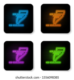 Glowing neon Tornado icon isolated on white background. Cyclone, whirlwind, storm funnel, hurricane wind or twister weather icon. Black square button. Vector Illustration