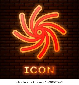 Glowing neon Tornado icon isolated on brick wall background. Cyclone, whirlwind, storm funnel, hurricane wind or twister weather icon.  Vector Illustration