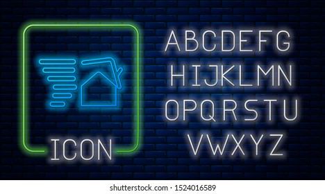 Glowing neon Tornado swirl damages house roof icon isolated on brick wall background. Cyclone, whirlwind, storm funnel, hurricane wind icon. Neon light alphabet. Vector Illustration