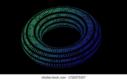 Glowing neon torus made of binary digits, zeros and ones. Metaphor of complexity and connectionism, cyberspace and virtual reality.