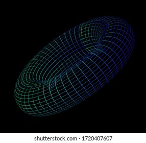 Glowing neon torus made of wireframe. Concept of  homeomorphism and homotopies in Topology.