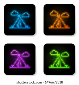 Glowing neon Tourist tent with flag icon isolated on white background. Camping symbol. Black square button. Vector Illustration