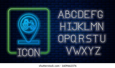 Glowing neon Tractor and location icon isolated on brick wall background. Neon light alphabet. Vector Illustration