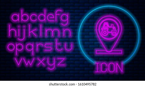 Glowing neon Tractor and location icon isolated on brick wall background. Neon light alphabet. Vector Illustration