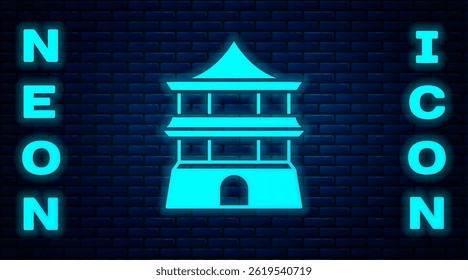 Glowing neon Traditional chinese house icon isolated on brick wall background.  Vector