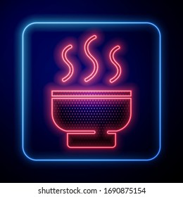 Glowing neon Traditional Chinese tea ceremony icon isolated on blue background. Teapot with cup.  Vector Illustration