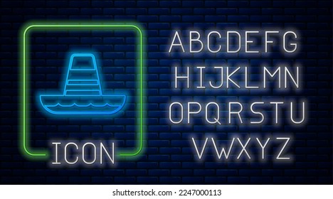 Glowing neon Traditional mexican sombrero hat icon isolated on brick wall background. Neon light alphabet. Vector