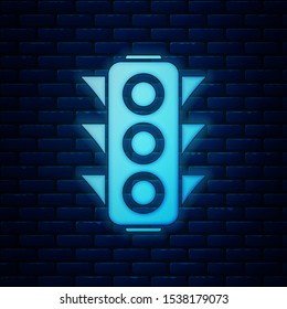 Glowing neon Traffic light icon isolated on brick wall background.  Vector Illustration