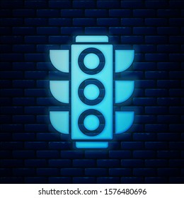 Glowing neon Traffic light icon isolated on brick wall background.  Vector Illustration