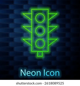 Glowing neon Traffic light icon isolated on brick wall background.  Vector