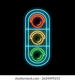Glowing neon traffic light with red, yellow and green lights on a black background