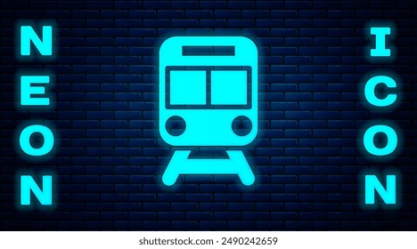 Glowing neon Train and railway icon isolated on brick wall background. Public transportation symbol. Subway train transport. Metro underground.  Vector