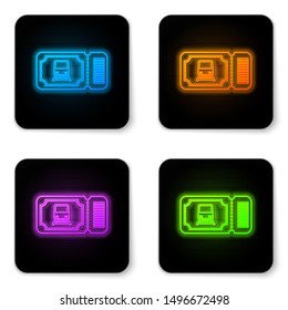 Glowing neon Train ticket icon isolated on white background. Travel by railway. Black square button. Vector Illustration