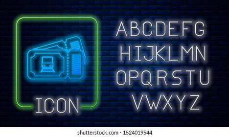 Glowing neon Train ticket icon isolated on brick wall background. Travel by railway. Neon light alphabet. Vector Illustration
